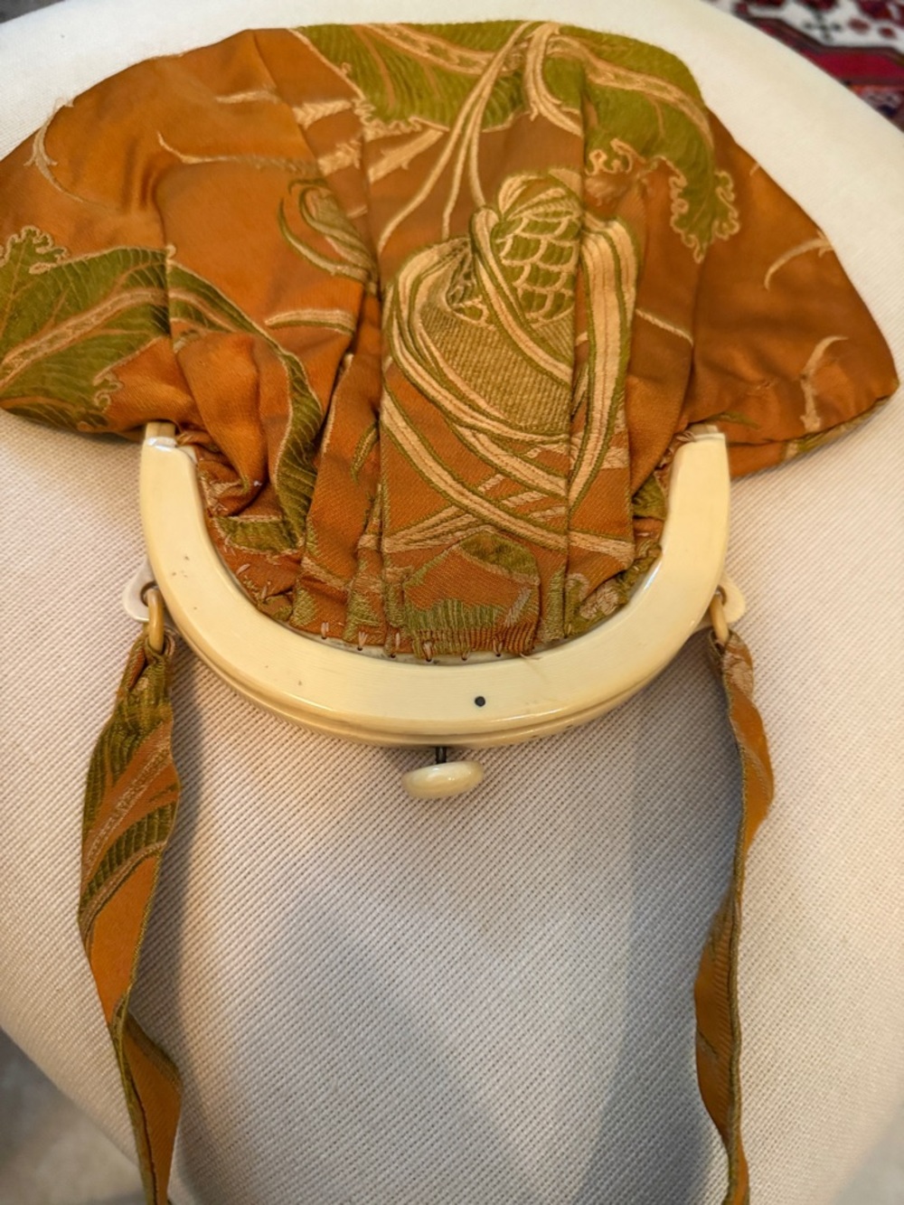 Vintage Floral Drawstring Wristlet Bag in Mustard and Olive